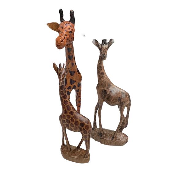 Vintage Trio Giraffes Leather Wrapped Hand Carved Wooden Shelf Sitters Bookcase‎ - Picture 6 of 8